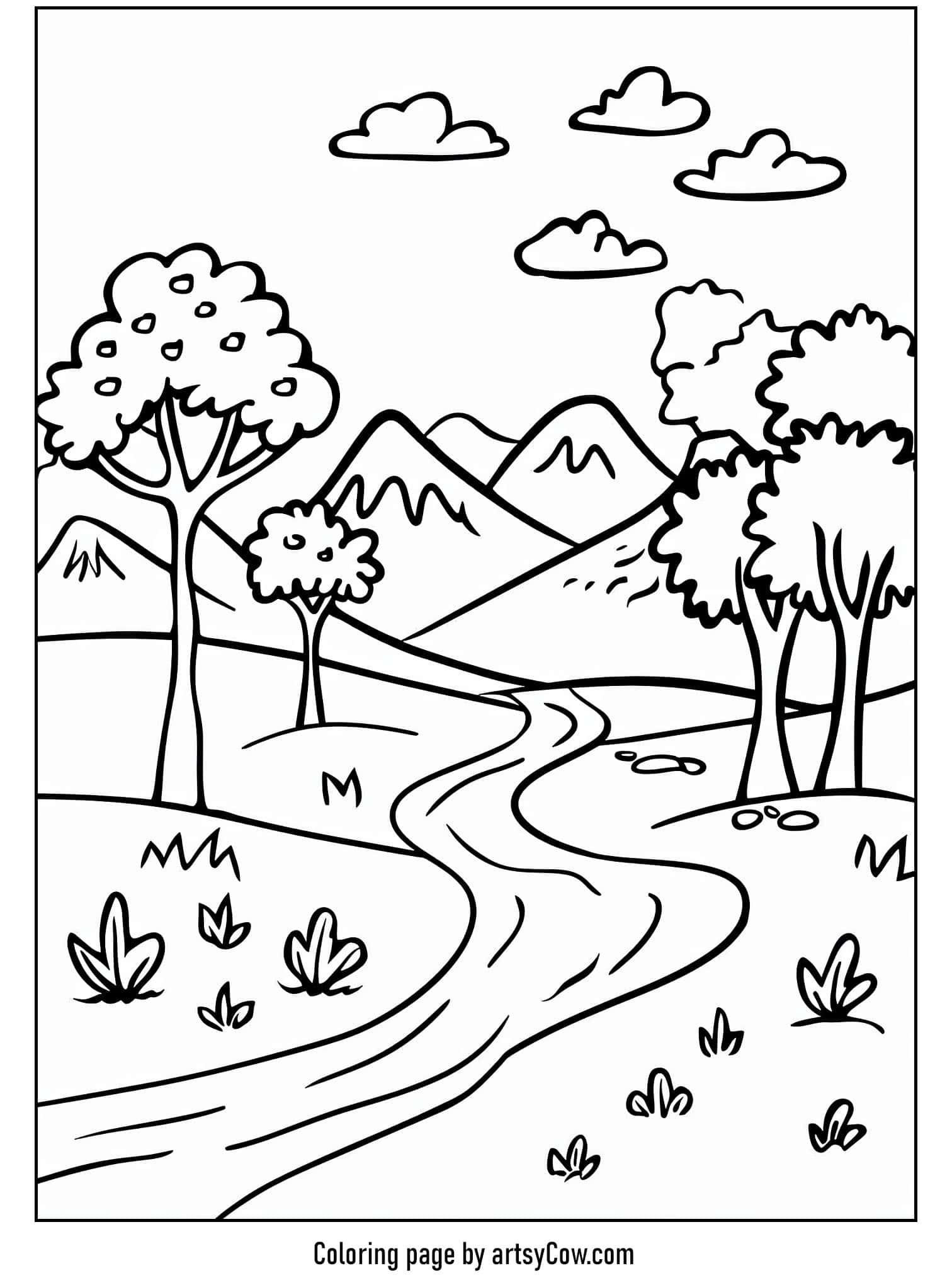 A mountain trail meanders through serene landscapes with trees